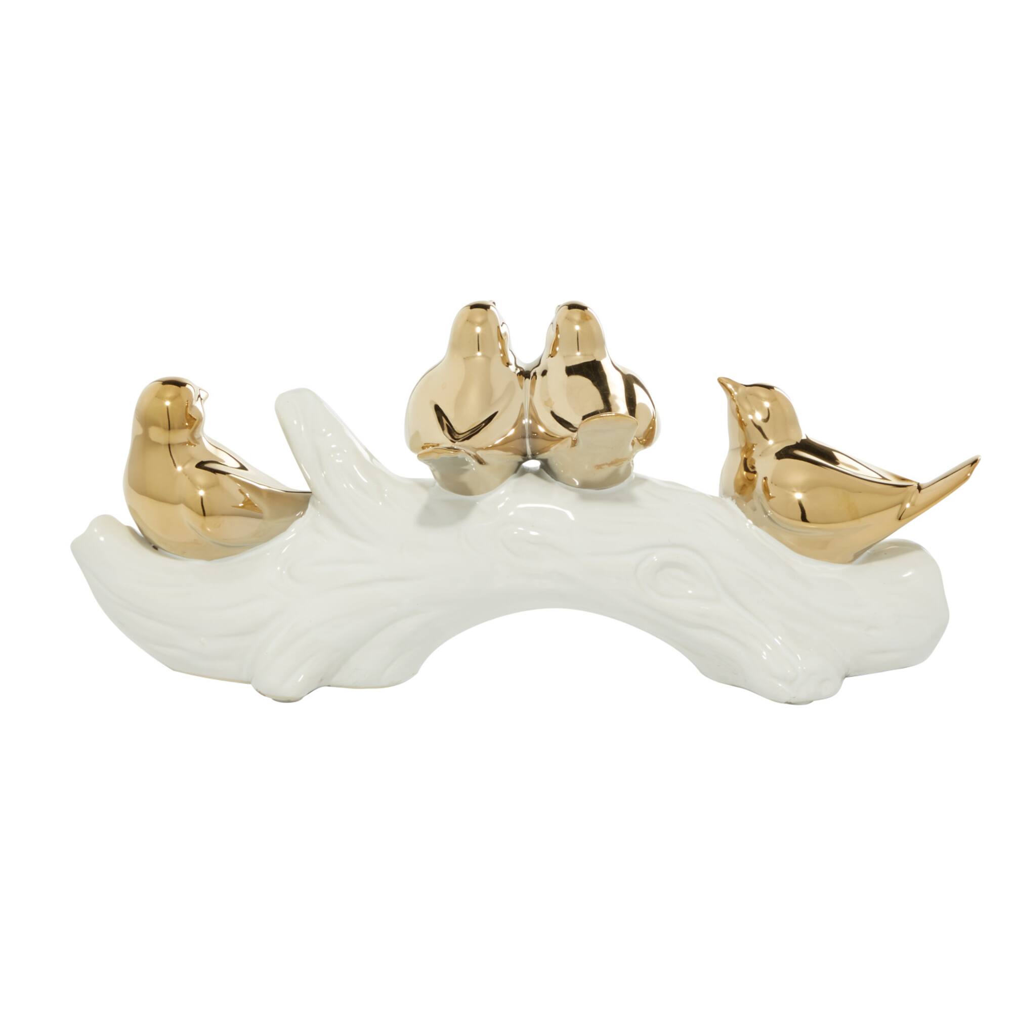 Glam Style Gold Porcelain Bird-Inspired Sculpture, 6" x 14.05" x 4.8"